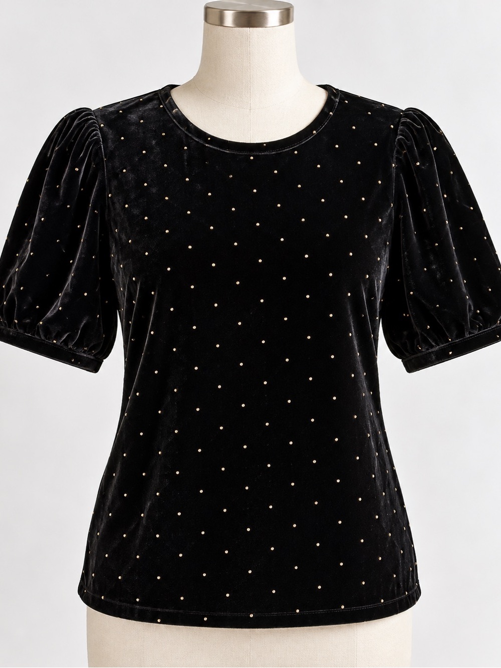 Anne Klein Black Velvet Puff-Sleeve Top with Gold Dot Detail